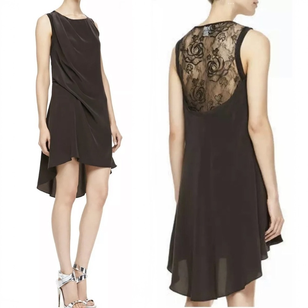 Haute Hippie 100% Silk Tuck Lace Back High Low Dress in Dark Graphite Small